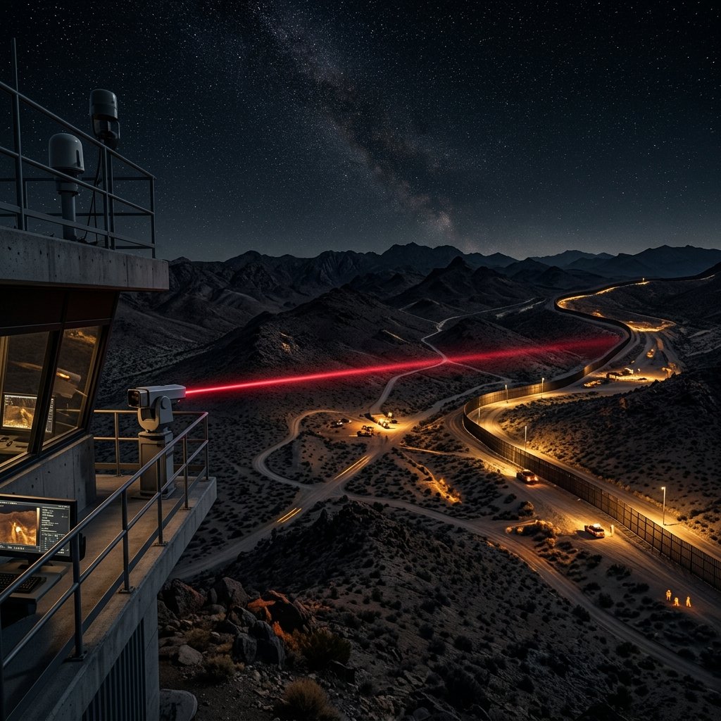 A border valley at night watched from a surveillance tower, a red scanning beam crossing the terrain