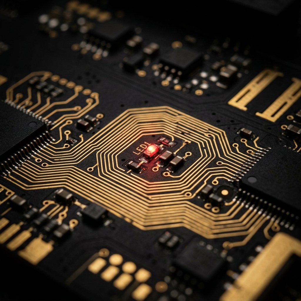 A black circuit board with gold traces and a single red LED at its centre