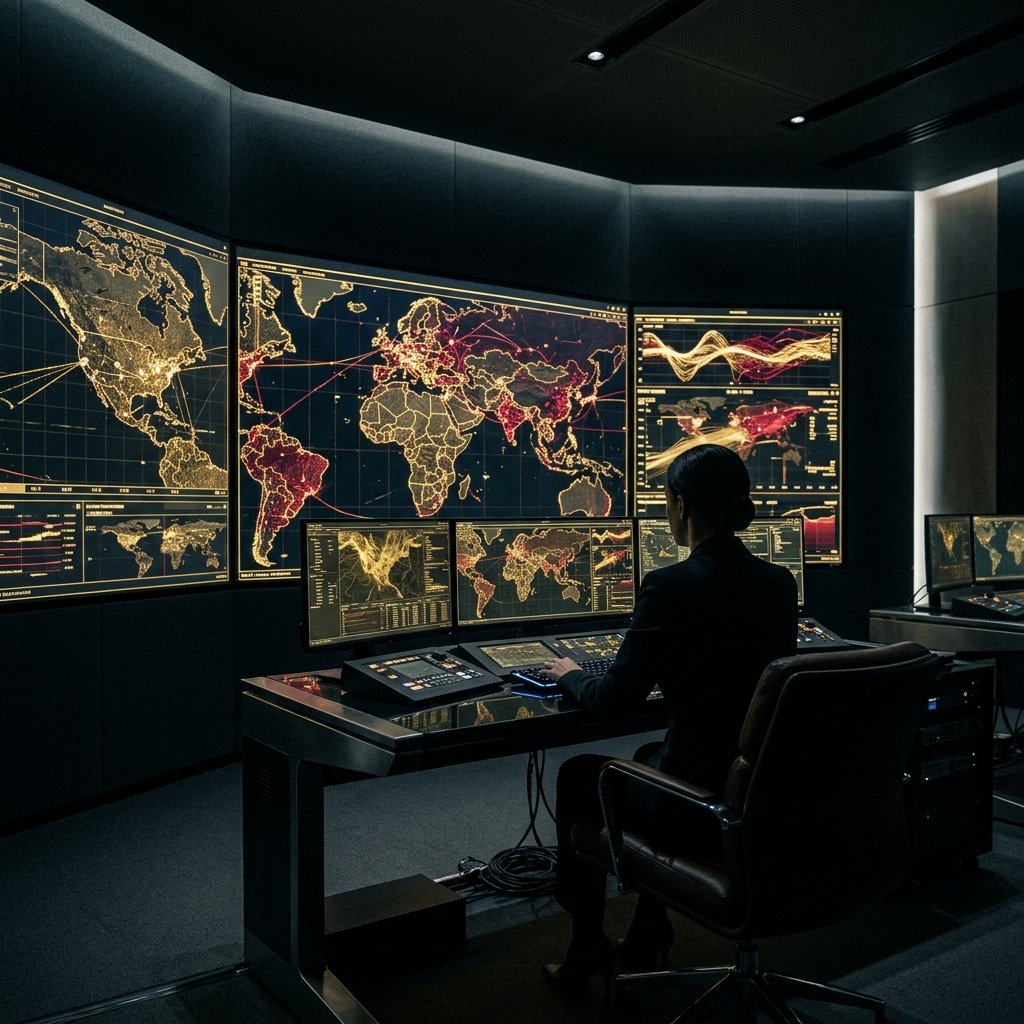 A dark command centre, gold and crimson geospatial maps across the wall screens