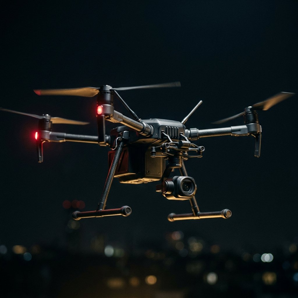 A black surveillance drone on station at night, red navigation lights glowing