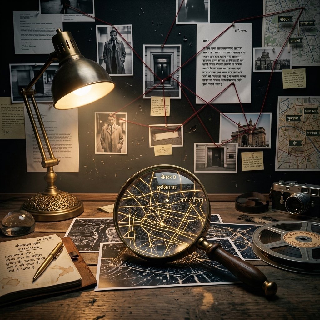 An investigation desk — magnifying glass over reconnaissance maps, red threads on a case board