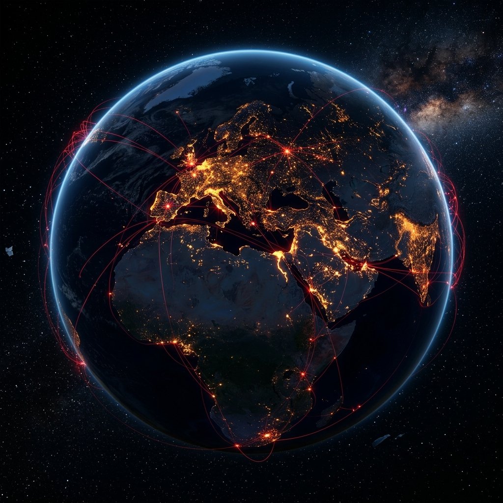 The earth at night, cities glowing gold, crimson network lines circling the globe