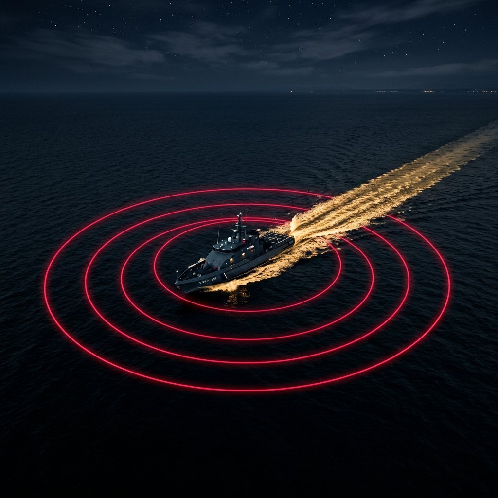 A patrol vessel at night ringed by red radar circles on black water