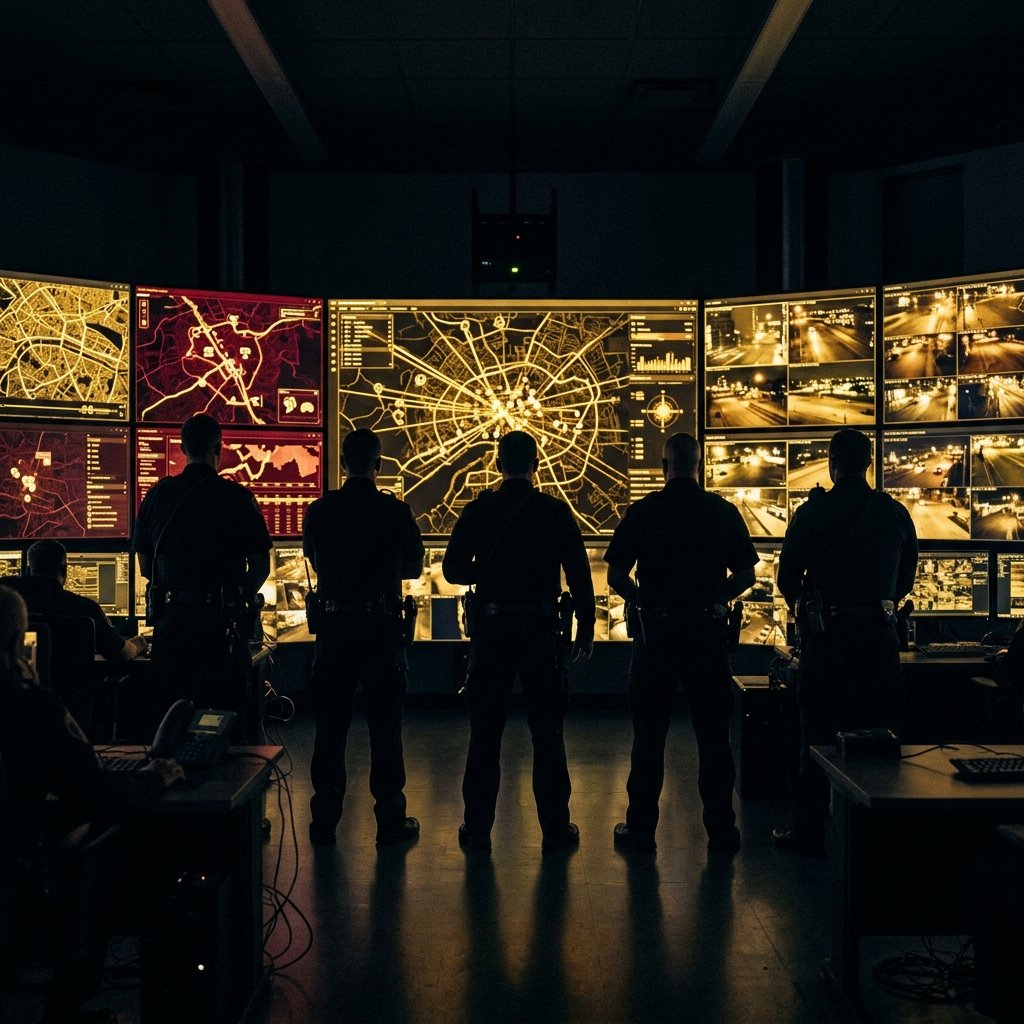 Police officers in silhouette before a wall of surveillance maps and camera feeds