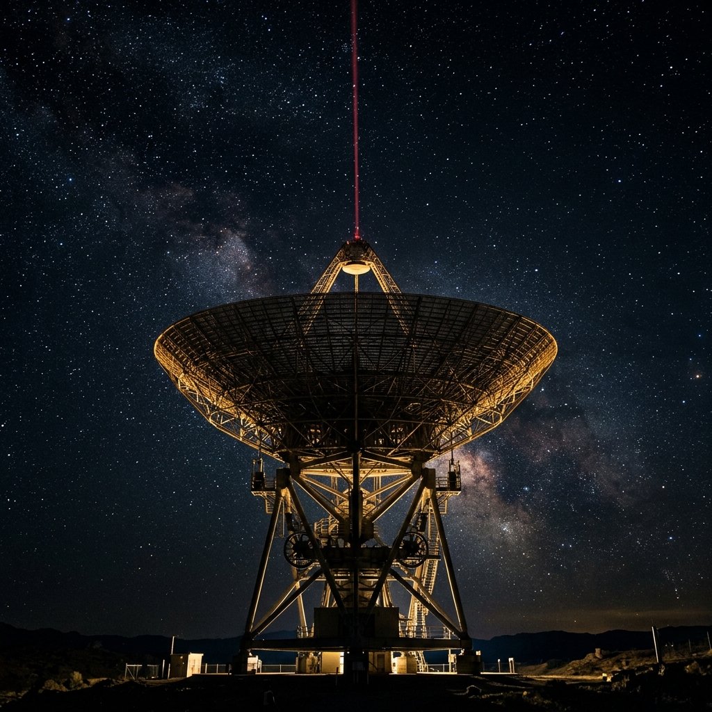 A radar dish against the night sky, a red signal rising from its centre