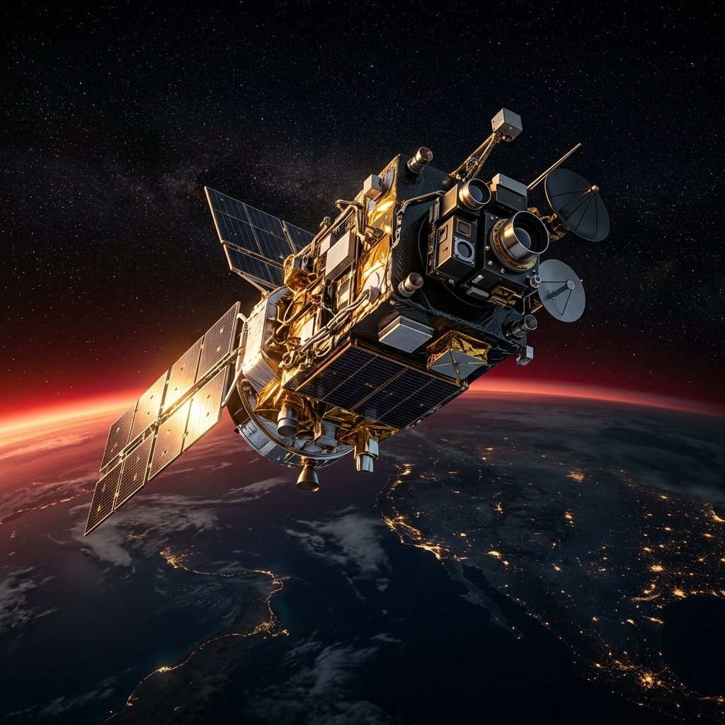 A reconnaissance satellite above the earth at night