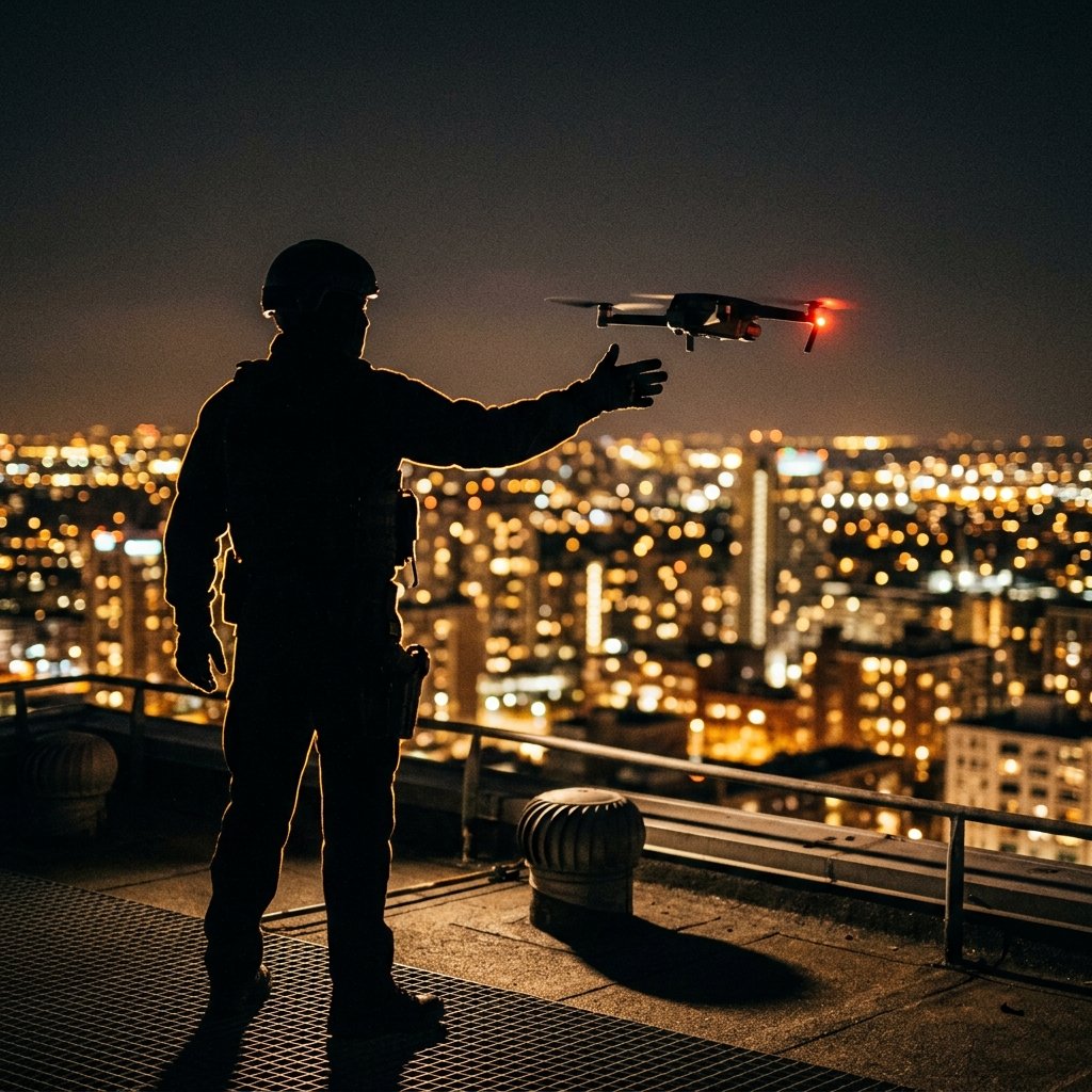 An officer in silhouette launching a tactical drone over the city at night