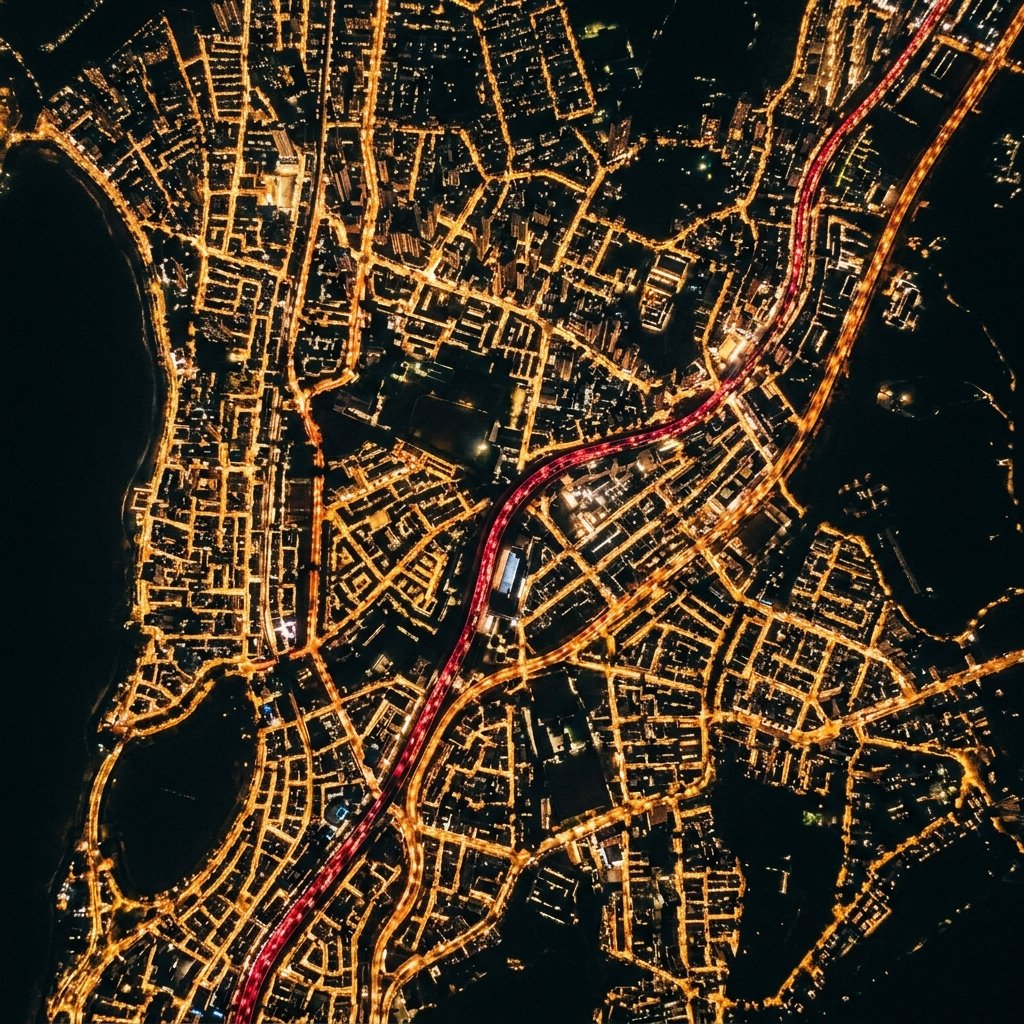 A city at night from directly above, streets in gold, one artery in red